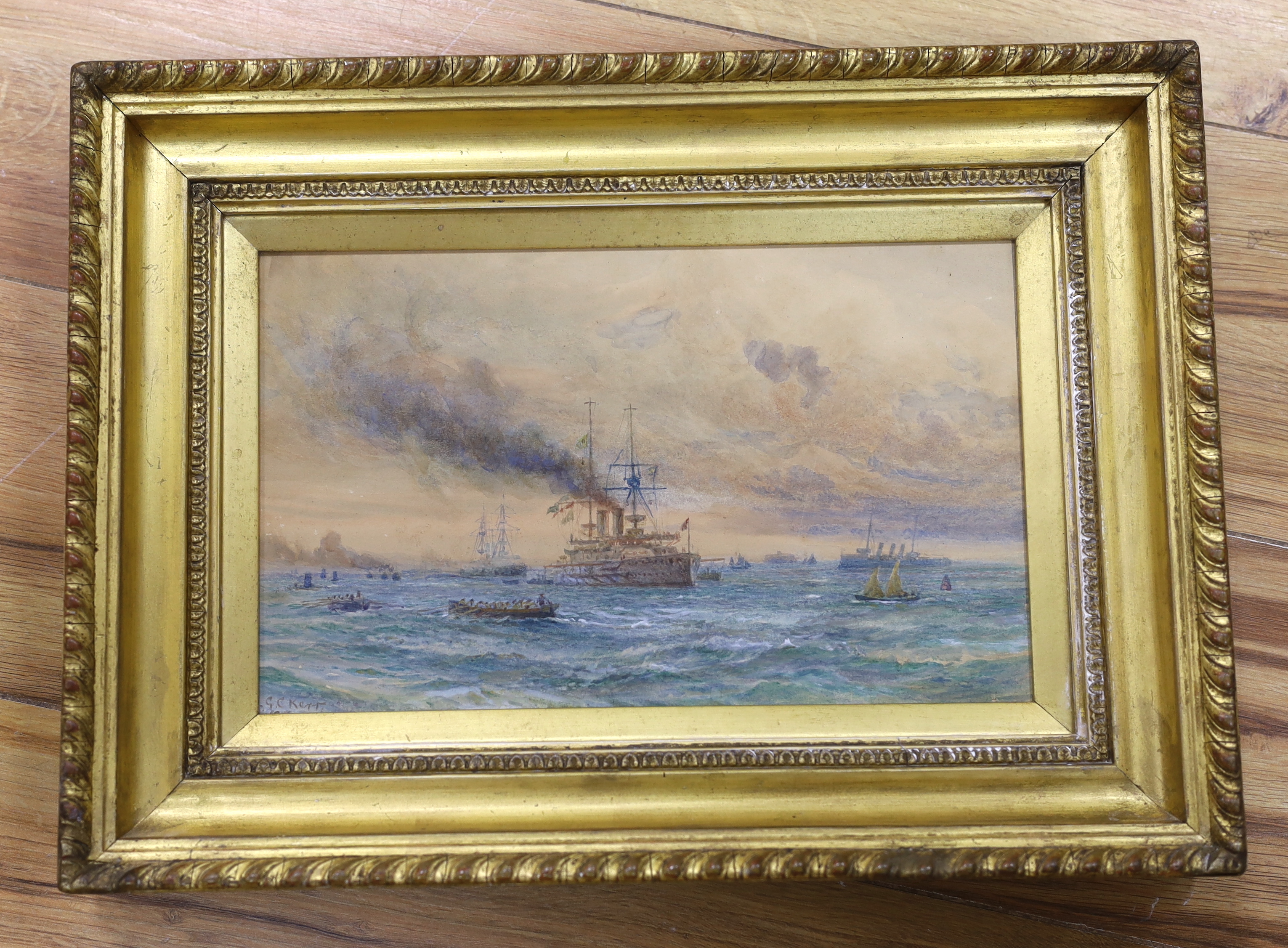 George Cochrane Kerr (1825-1907), watercolour, Naval review, signed, 29 x 17cm